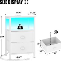Furologee Nightstands Set of 2, End Tables Set of 2 with Charging Station and LED Lights, White Night Stands with 2 Fabric Drawers, Bedside Tables for Living Room/Bedroom - Image 3