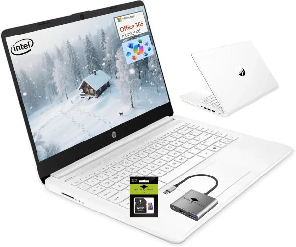 HP 14" Student-Laptop 1-Y office365 Back to School, Quad Core Intel Processor(Up to 3.6GHz) 16GB RAM 256GB Storage(64GB UFS + 256GB Ghost Manta SD Card) Computer Laptop with Wi-Fi 6 Win11