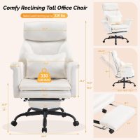 VINGLI 100-130° Reclining Tall Office Chair with Foot Rest & Adjustable Armrests, Ergonomic Criss Cross Chair with Wheels & Headrest, Comfy Wide-Seat Gamer Chair for The Heavy, Microfiber, White - Image 2