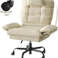 Bestier Criss Cross Chair with Flip Armrests, Big and Tall Office Chair for Cross Legged Sitting, Reclining Computer Chair with Side Pockets & Headrest - Beige - Image 3