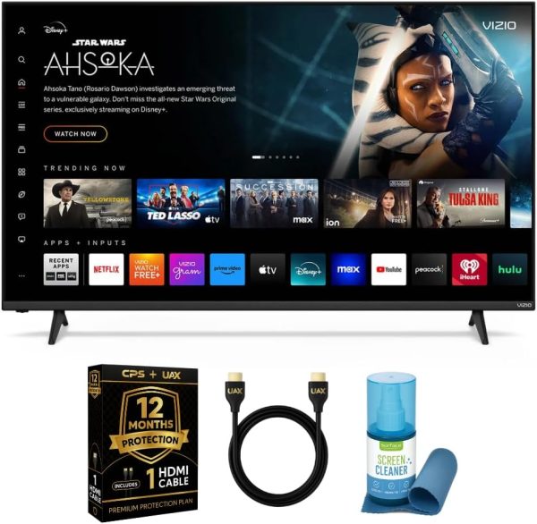 VIZIO 43-Inch 4K UHD LED Smart TV Bundle - Dolby Vision, HDR10+, VRR, Bluetooth, Alexa Compatible, Voice Remote with UAX HDMI Cable, 12-Month CPS Protection and Screen Cleaner with Microfiber Cloth.