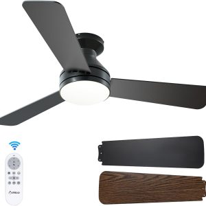Amico Ceiling Fans with Lights, 42 inch Low Profile Ceiling Fan with Light and Remote Control, Flush Mount, Reversible, 3CCT, Dimmable, Noiseless, Black Ceiling Fan for Bedroom, Indoor/Outdoor Use