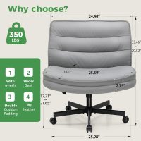 GTRACING Criss Cross Legged Office Chair with Wheels, Extra Wide Armless Comfy Desk Chair for Home Bedroom, 2 Layer Cushion Large Seat & Back Support X-Legged Chair, Gray PU Leather Adjustable Height - Image 2