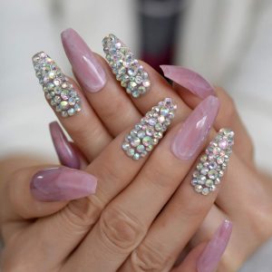 Extra Long Press on Nails, Acrylic Fake Nails 3D Design Full Cover False Nails for Women Reusable Nail Kit in Box (Marble Pink AB Crystal)