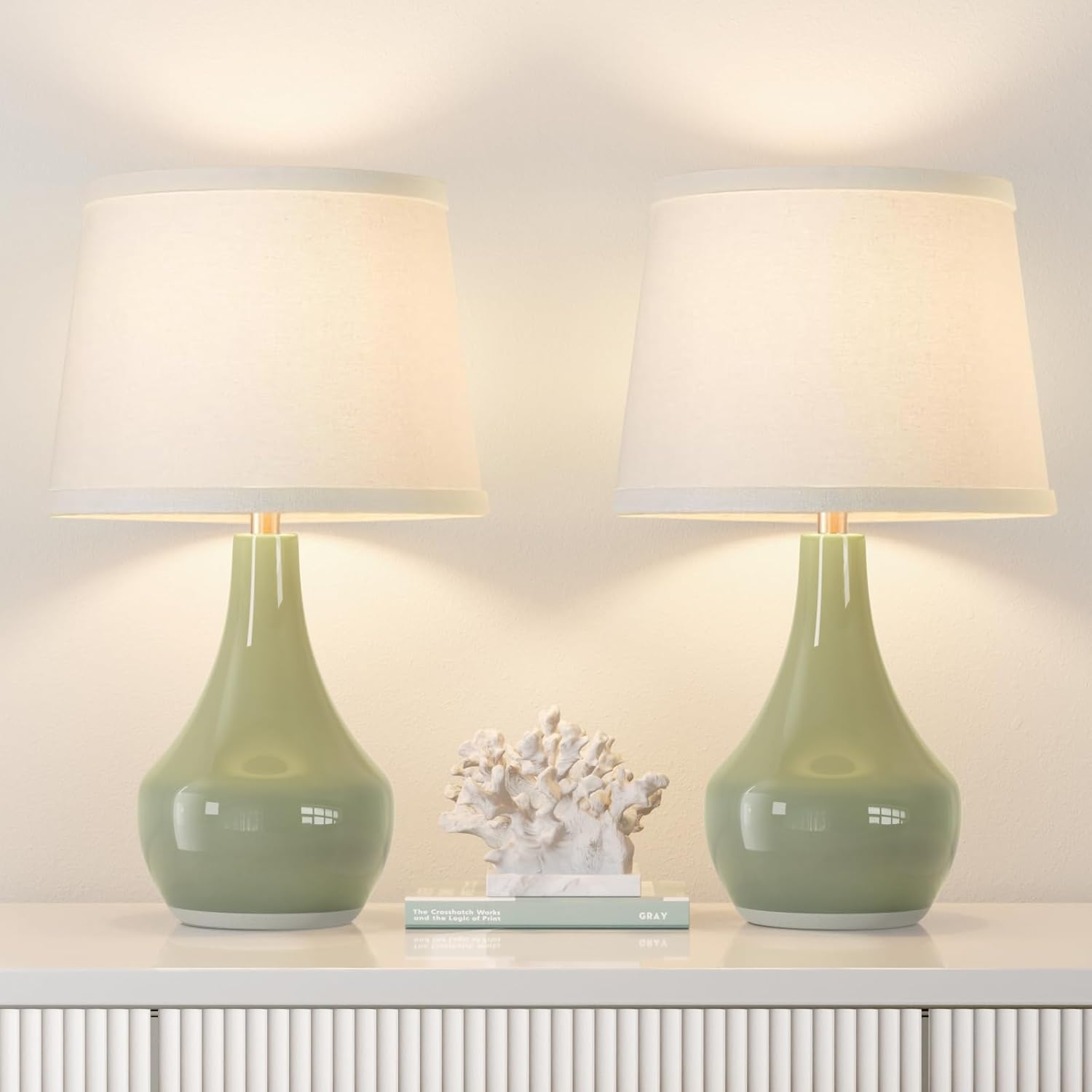 Seealle Modern Green Table Lamps Set of 2 – Bedside Lamps for Night Stands, 19.4″ Bedroom Lamp for Living Room Sage Green Lamps with Rocker Swtich