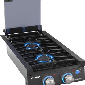 CAMPLUX Classic RV Cooktop 2 Burners Slide-in, Propane Cooktop Stove with Tempered Glass Cover, 12 Inches Propane Rangetop with Blue Indicator Light, 13,000BTU, Black RGH12IB
