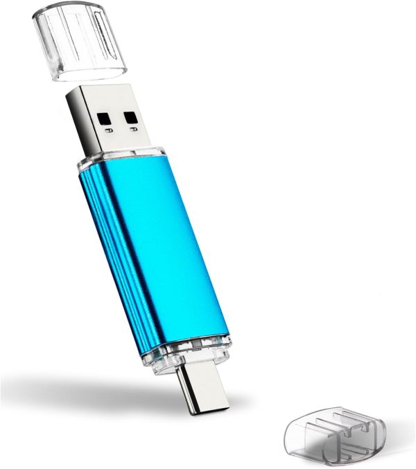 128GB Dual USB C Flash Drive USB 3.0 Flash Drive Type C + USB A Portable Type-C Flash Drive 2-in-1 USB-C Thumb Drive for Smartphone Tablet Computer Mac iPhone 15, Blue