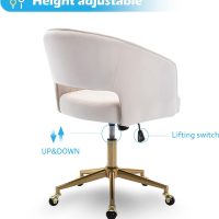 Home Office Chair Swivel Velvet Desk Chair Accent Armchair Upholstered Modern Tufted Chairs with Gold Base for Girls Women Ergonomic Study Seat Computer Task Stools for Living Room(Cream) - Image 3