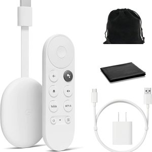 Google Chromecast with Google TV - Streaming Entertainment with Voice Search - Watch Movies, Shows, and Live TV in 4K HDR Streaming Media Player - Includes Pouch and Cleaning Cloth - Snow