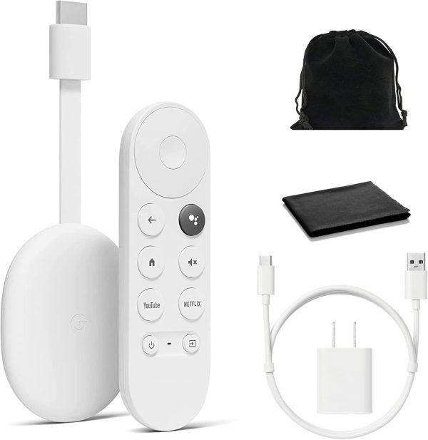 Google Chromecast with Google TV - Streaming Entertainment with Voice Search - Watch Movies, Shows, and Live TV in 4K HDR Streaming Media Player - Includes Pouch and Cleaning Cloth - Snow