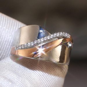 Metal Two-Tone Silver Color and Rose Gold Rings for Women Tiny Zirconia Jewelry for Daily Party
