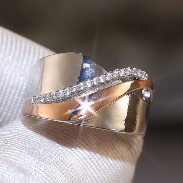 Metal Two-Tone Silver Color and Rose Gold Rings for Women Tiny Zirconia Jewelry for Daily Party