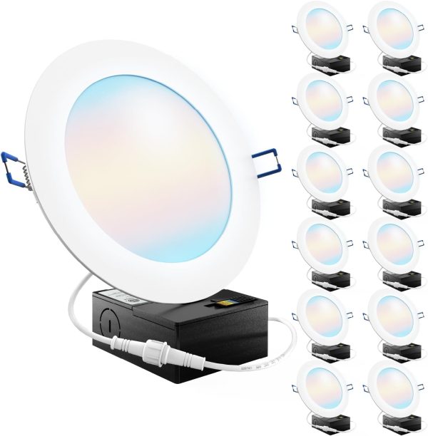 Sunco 12 Pack 6 Inch LED Recessed Light, Canless Ceiling Lights Slim with Junction Box, 850 LM, 14W (100W Equivalent), Selectable CCT 2700K/3000K/4000K/5000K/6000K, Dimmable, Wafer Thin ETL.