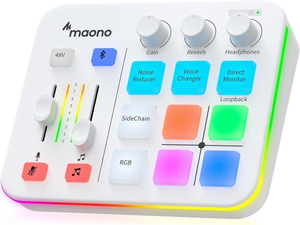 MAONO Gaming Audio Mixer, Audio Interface with Pro-preamp, RGB, Bluetooth, 48V Phantom Power for Live Streaming, Podcasting, Content Create, Gaming MaonoCaster G1 NEO (White)