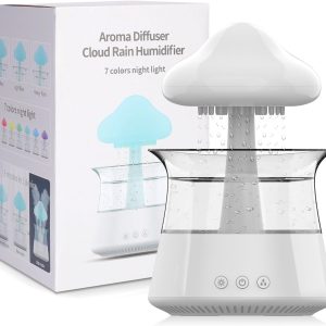 Cloud Rain Humidifier for bedroom with Soothing Rain Sounds - Bedroom Sleep Aid, Waterfall Night Light, Mushroom Design Air Moisturizer for bedroom and living room (White)