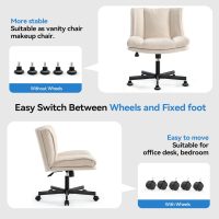 LEAGOO Criss Cross Chair with Wheels, Furry Armless Desk Chair, Comfy Wide Seat Cross Legged Office Chair, Stylish Height Adjustable Cute Swivel Vanity Chair for Home Office, Make Up, Cream White - Image 4