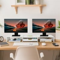 Dual Monitor Stand Riser with Drawer, Desk Organizer and Accessories, Metal Laptop Stand for Desk, Workspace Desktop Stand for Computer, Laptop, TV and More (White) - Image 3