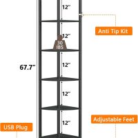 Furnulem 6 Tier Corner Shelf with LED Light, 67.5” Tall Standing Shelf Organizer, Black Narrow Bookshelf with Storage Rack for Wall Corner, Living Room, Bedroom, Metal Frame, Wood Display Shelf - Image 2