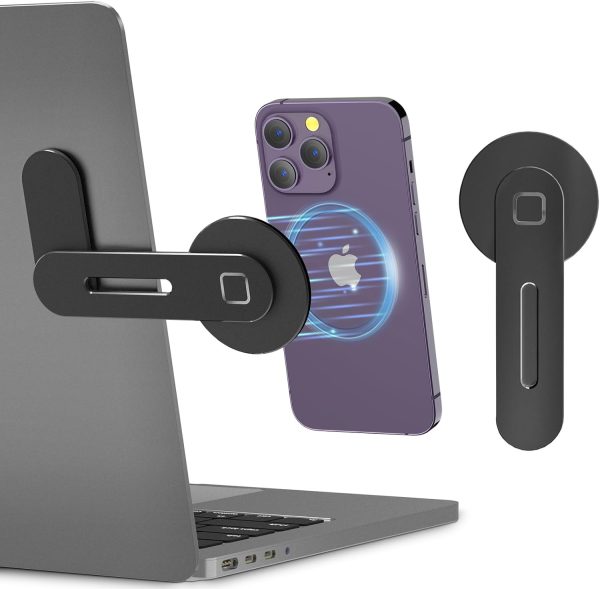 CloudValley Adjustable Laptop Stand, Magnetic Phone Holder, Aluminum Slim Computer Monitor Side Mount Clip for iPhone MagSafe Series & All Phones, Portable Foldable Computer Expansion Bracket, Black