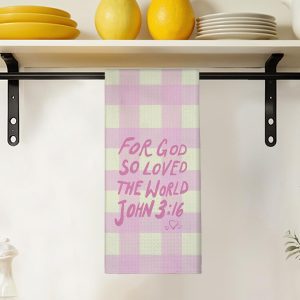 Trendy Pink Checkered Christian Kitchen Dish Towels 16x24 Inch, John 3:16 Bible Verse Decor Hand Towels for Bathroom, Religious Christian Gifts for Women, Preppy Bathroom Decor