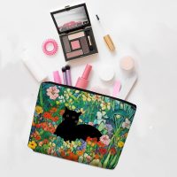 Floral Cat Makeup Bag, Cat Gifts Cosmetic Bags, Aesthetic Design Canvas Zipper Organizer Pouch Cute Roomy Portable Toiletry Bag Cats Themed Gifts for Girls Women Travel Storage Accessories-1 - Image 2