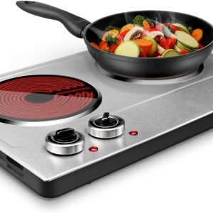 CUSIMAX 1800W Ceramic Electric Hot Plate for Cooking, Dual Control Infrared Cooktop, Double Burner, Portable Countertop Burner, Glass Plate Electric Cooktop, Silver, Stainless Steel-Upgraded Version