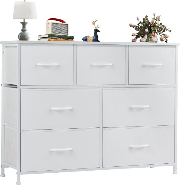 OLIXIS Dresser for Bedroom, 7 Storage Drawers, Wide Fabric Closet Chests Organizer Tower Furniture, TV Stand with Wooden Top Metal Frame for Clothes, Living Room, Hallway, Entryway, Classic White