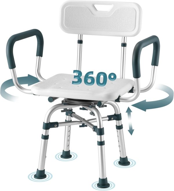 Swivel Shower Chair with Arms and Back, 500 lbs Heavy Duty Shower Seat for Inside Shower Stall and Bathtub, Height Adjustable Safety Bath Seat for Elderly, Adults, Handicap and Disabled