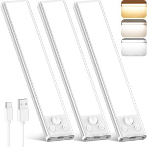 Under Cabinet Lights, 68-LED Rechargeable Battery Operated Motion Sensor Lights Indoor, 1800mAh Magnetic Dimmable Closet Lights, 3 Color Wireless Under Counter Night Lights for Kitchen Stair, 3 Packs