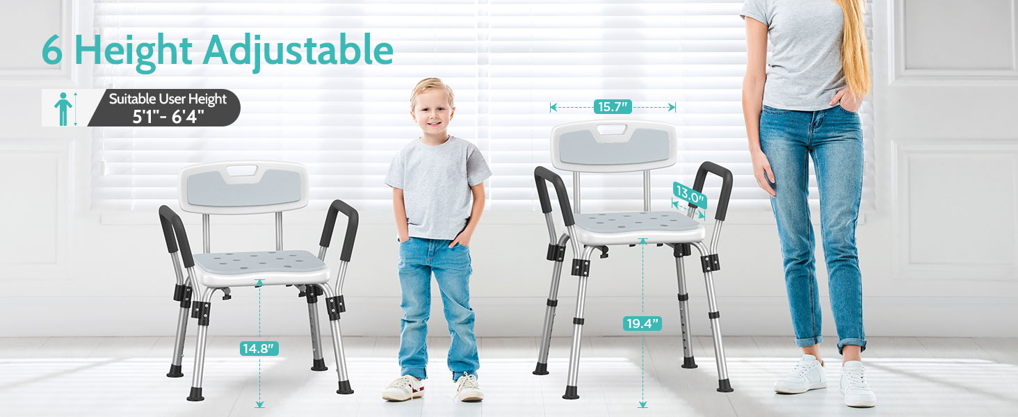 Kicimpro 385LB heavey duty shower chair with arms and back for different height users