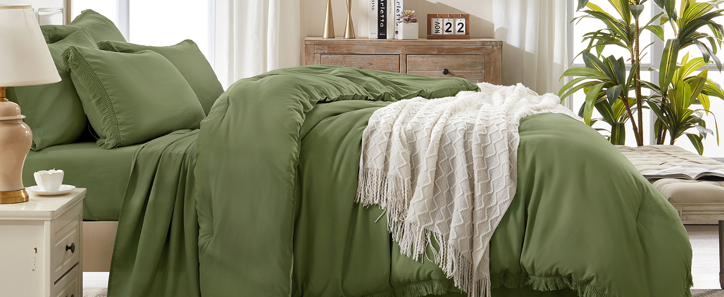 Tassel  Olive Green comforter set 7 Pieces