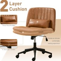 Dual Layer Criss Cross Legged Chair with Wheels, Comfy Rolling Office Desk Armless Chair with Pillows, Wide Swivel Vanity Chairs Computer Task Chair for Makeup, Bedroom (PU Leather Brown) - Image 3