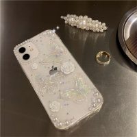Fycyko Compatible with iPhone 14/13 Butterfly Floral Clear with Design Aesthetic Women Teen Girls Glitter Pretty Crystal Sparkle Sparkly Cute Girly Phone Cases Protective Cover+Chain-Clear - Image 4