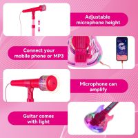 Guitar and Microphone Play Set for Girls,Karaoke Machine with Music&Light,Microphone Toys with Stand,Adjustable Height Guitar Toys for Kids,Toddlers,Child(Red) - Image 5