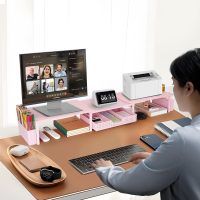 Desk Dual Monitor Stand Riser - Wood Desk Organizer with Drawer and Pen Holders, Office Desk Accessories & Workspace Organization, Computer Monitor Stand for Laptop Printer, Girl Pink - Image 6