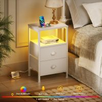 Furologee Nightstands Set of 2, End Tables Set of 2 with Charging Station and LED Lights, White Night Stands with 2 Fabric Drawers, Bedside Tables for Living Room/Bedroom - Image 4