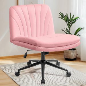 NEO CHAIR Criss Cross Chair with Wheels Armless Cross Legged Office Desk Wide Comfy Vanity Makeup Chair Adjustable Swivel Rolling Computer for Home Office PU Leather (Pink)