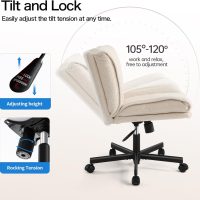 LEAGOO Criss Cross Chair with Wheels, Furry Armless Desk Chair, Comfy Wide Seat Cross Legged Office Chair, Stylish Height Adjustable Cute Swivel Vanity Chair for Home Office, Make Up, Cream White - Image 6