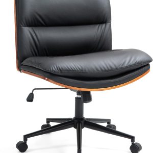 Office Chair, Criss Cross Legged Office Desk Chairs with Wheels, PU Leather Adjustable Swivel Walnut Task Chair with Wide Seat, Ergonomic Mid Back Computer Chair for Meeting Room, Home