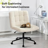 Criss Cross Legged Chair, Faux Fur Upholstered Office Chair with Wheels, Adjustable Armless Desk Chair with Wide Thicken Seat, Computer Chairs for Living Room, Study Room, Home Office, IvoryWhite - Image 3
