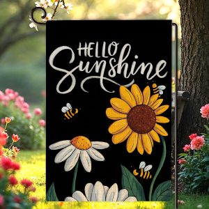 Hello Sunshine Spring Summer Garden Flag Double Sided Sunflower Daisy Bees House Flag Outdoor Seasonal Decorations for Yard Patio Porch 12 X 18 Inches