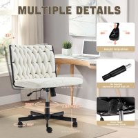 Criss Cross Legged Chair with Wheels,Modern Chenille Armless Office Desk Chair with Wide Seat,Swivel & Adjustable Height, 90-135°Reclining Ergonomic Task Chair for Home,Office (Chenille, Beige) - Image 3