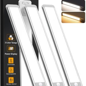 Under Cabinet Lighting Wireless, Rechargeable Motion Sensor Light Indoor, 3 Color Dimmable Closet Light Battery Operated with LED Power Display, Magnetic Under Counter Lights for Kitchen, Home (3Pack)