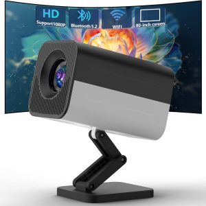 Full HD New Lightweight Projector with Adjustable Angle Stand, Portable Projector with Wi-Fi and Bluetooth, Motorized Focus, Compatible with HDMI/USB/AV/Smartphone/TV Box/Laptop (YDXFP-BWB)
