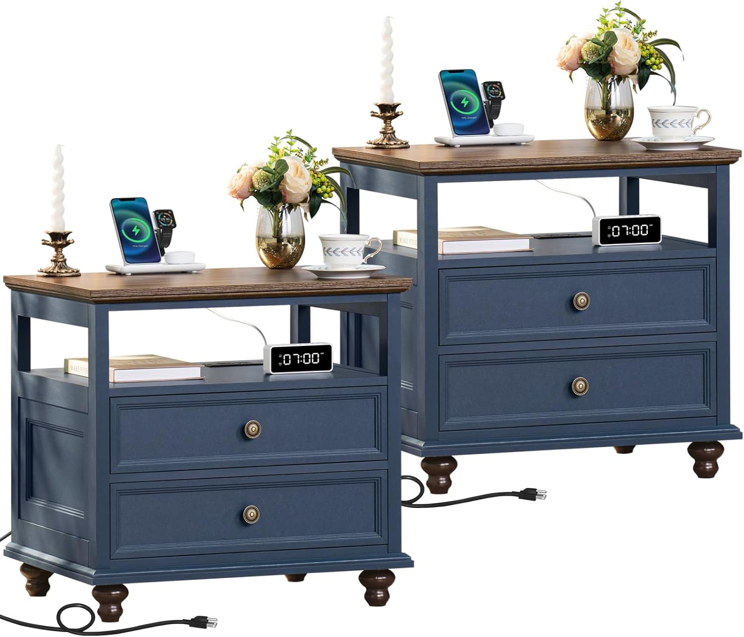 Farmhouse Nightstand Set of 2 with Charging Station, 24″ Wide End Table with 2 Drawers,Wood Dresser for Bedroom,Bed Side Table Chest of Drawers Cabinet,Navy BlueNight Stand for Living Room