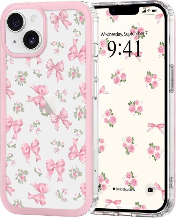 for iPhone 14 Case/iPhone 13 Case for Women Girls, Clear Cute Ribbon Bowknot Pattern Aesthetic Bow Design Transparent Slim Soft TPU Shockproof Protective Phone Case for iPhone 14/13, Rose Bow