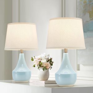 GyroVu Table Lamp Set of 2, 18.63” Ceramic Lamp Classic Beside Lamps Nightstand Lamp Modern Cute Lamp for Living Room, Bedroom & Office Rocker Swtich Sky Blue-LED Bulbs Included
