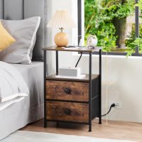 Night Stand Set 2, Nightstand with Charging Station, End Tables with Storage Shelf for Small Spaces, Bedside Table Side Tables with 2 Fabric Drawers for Bedroom, Rustic Brown, HETS020PBR - Image 4