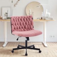 GarveeHome Criss Cross Chair with Wheels, Wide Seat Home Office Desk Chair, Armless Makeup Vanity Chair, Modern Cross Legged Swivel Comfy Chair, Computer Task Chair for Home Office, Pink - Image 2