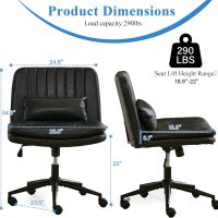 TUNY Criss Cross Chair with Wheels Armless Wide Cross Legged Office Chair Swivel Height Adjustable Computer Task Vanity Chair with Pillow for Home Office, Dressing Room (PUBlack) - Image 3